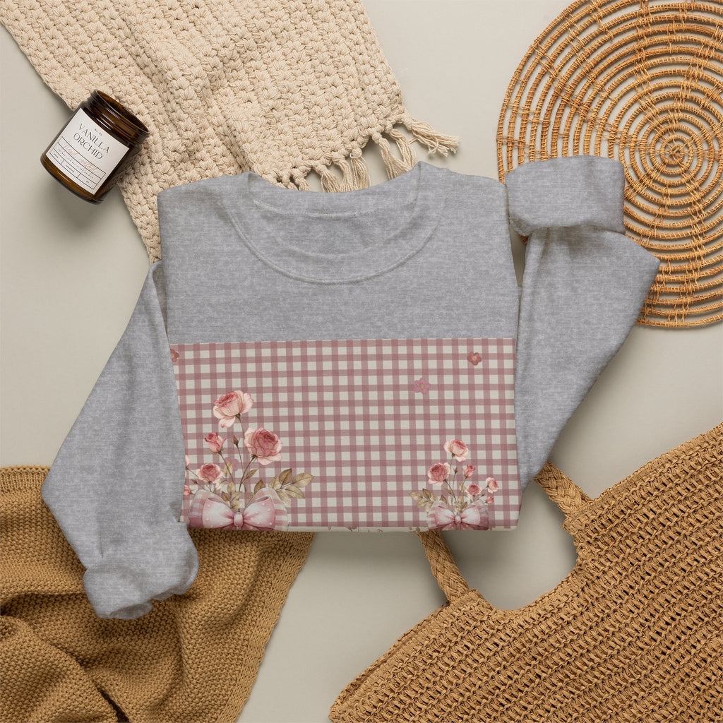 Crewneck Sweatshirt — Vintage Floral Patchwork Gingham Bouquet