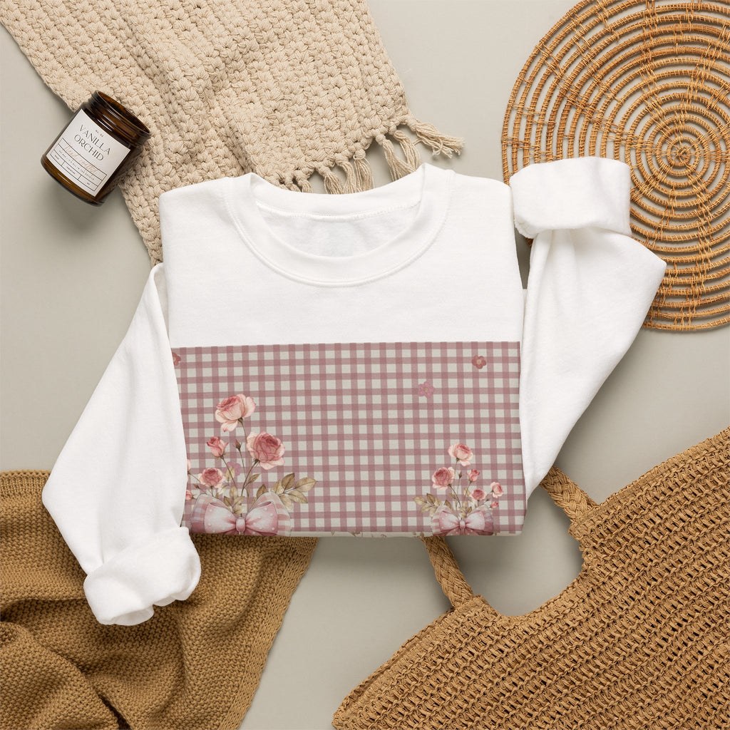 Crewneck Sweatshirt — Vintage Floral Patchwork Gingham Bouquet