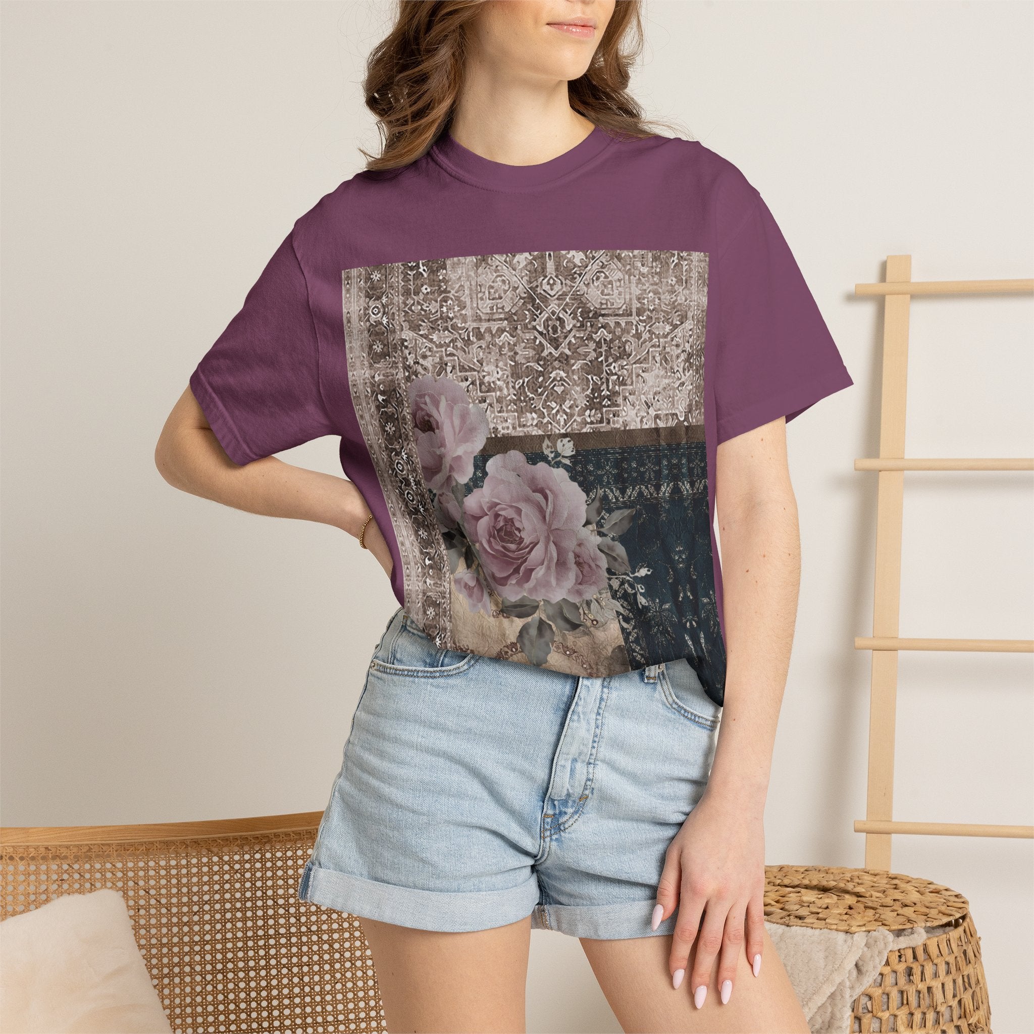 Vintage Rose Patch T‑Shirt — Distressed Floral Graphic Tee