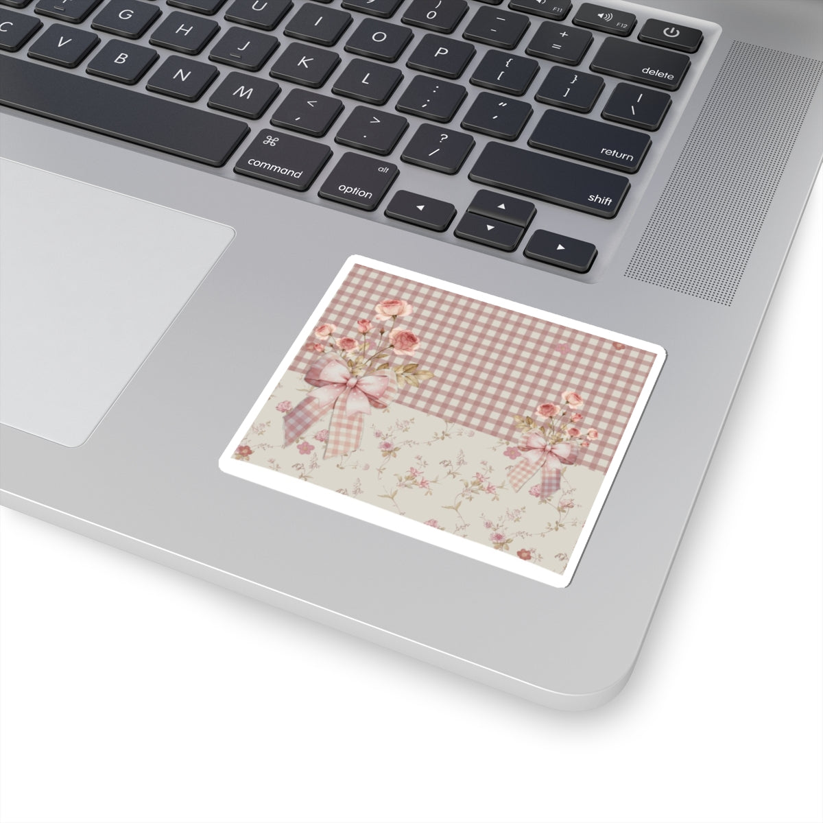 Vintage Floral Gingham Kiss-Cut Sticker — Pink Rose Bow Decorative Decal
