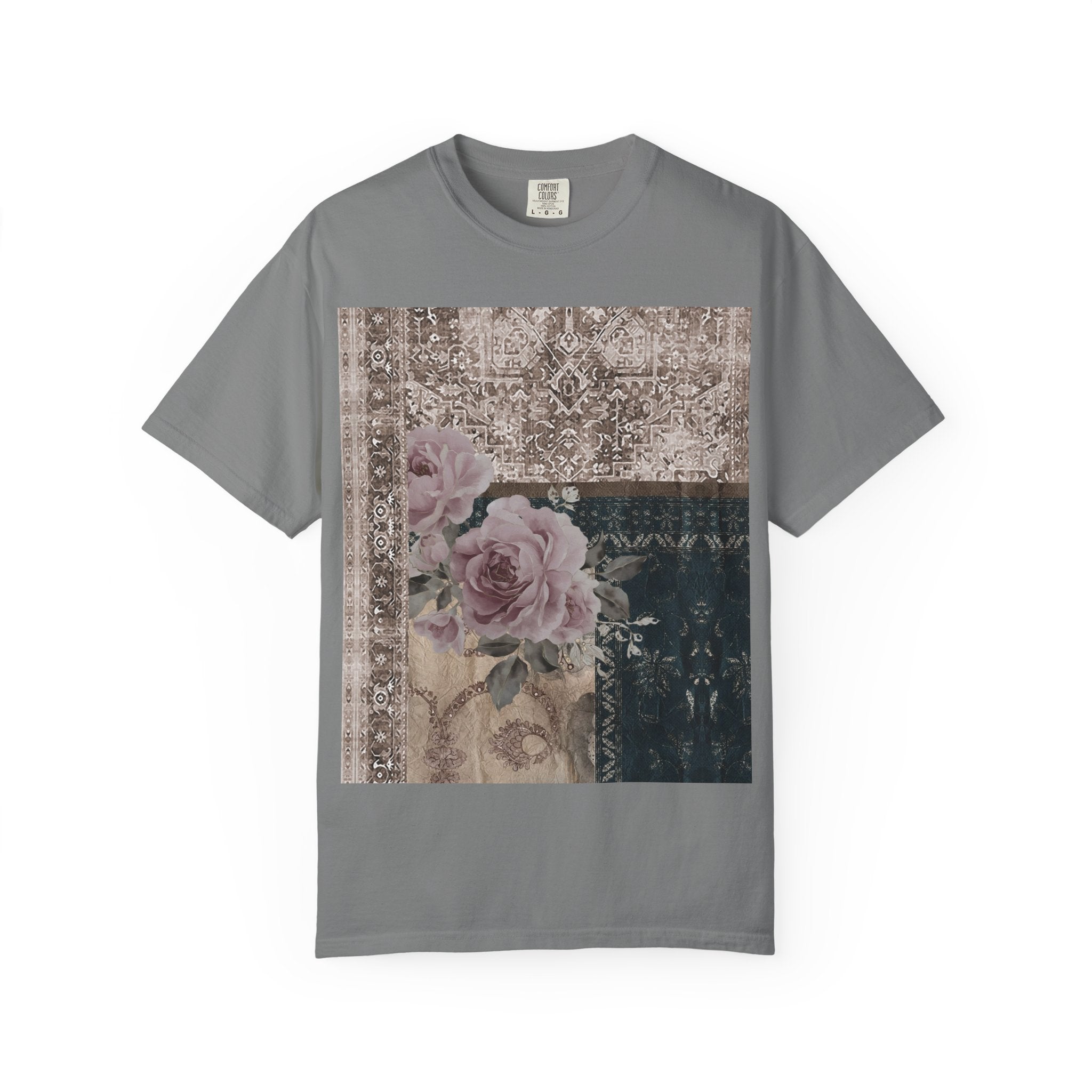 Vintage Rose Patch T‑Shirt — Distressed Floral Graphic Tee