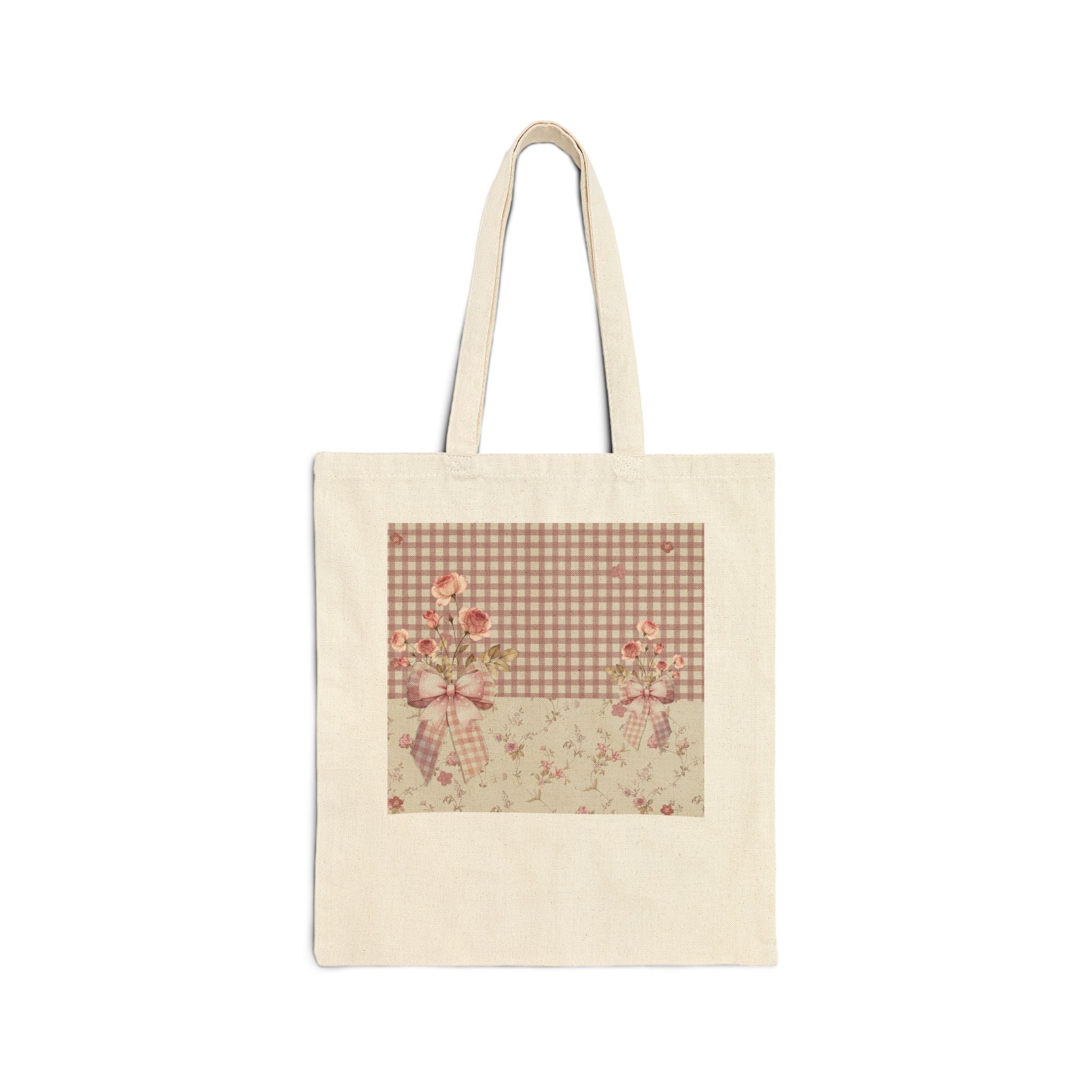 Floral Gingham Canvas Tote Bag — Vintage Rose Market Tote