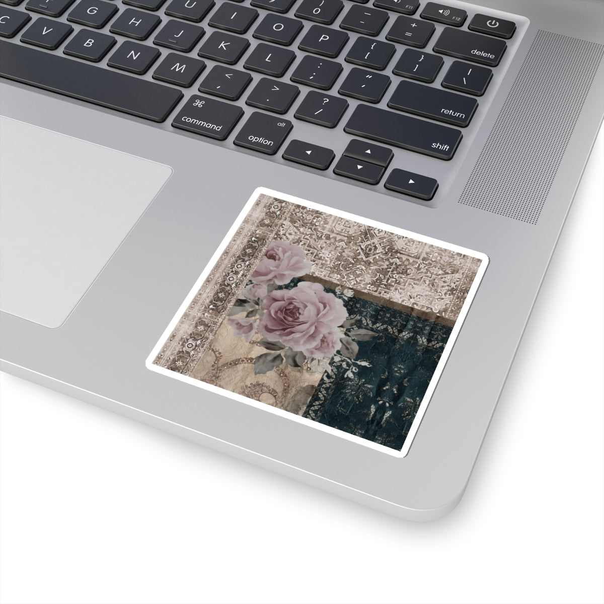 Vintage Floral Patchwork Sticker — Kiss-Cut Rose Laptop Decal