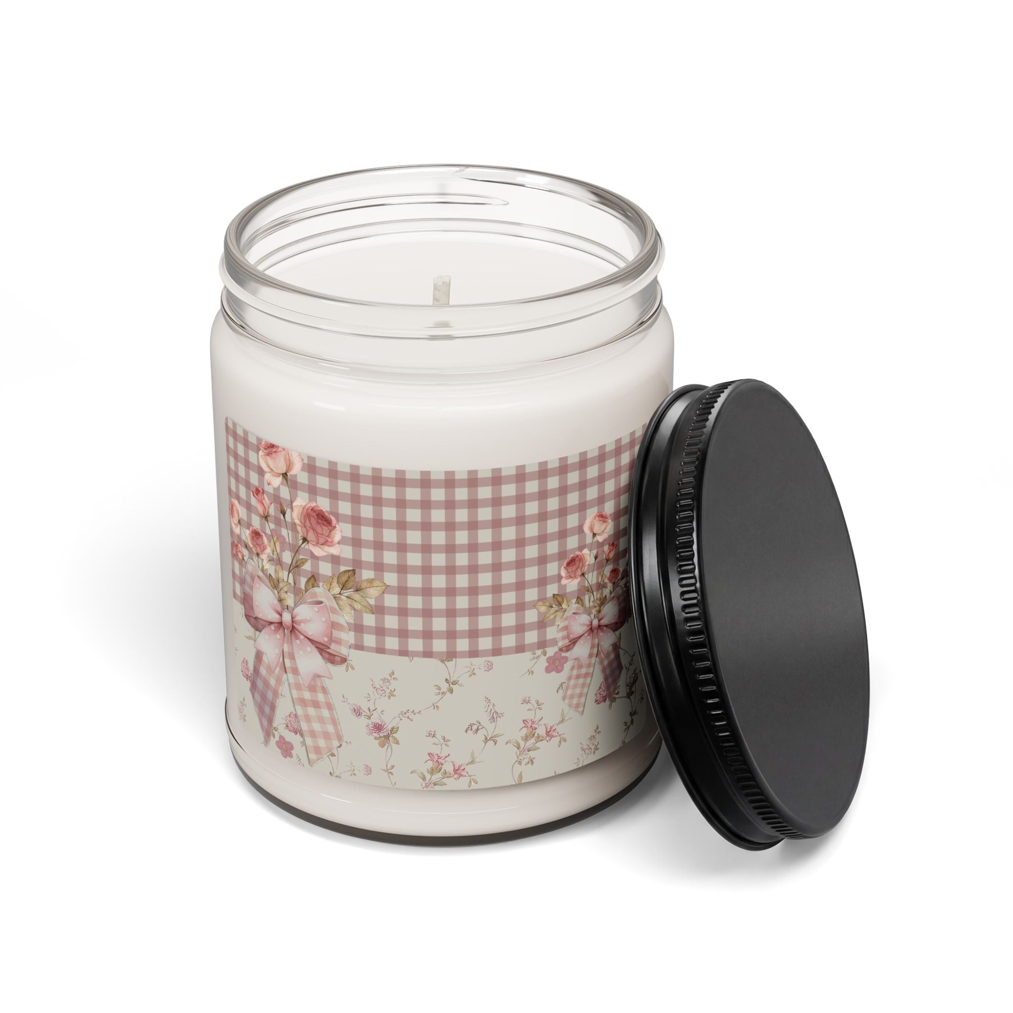 Vintage Rose Check Scented Soy Candle — 9oz Floral Cottagecore Jar