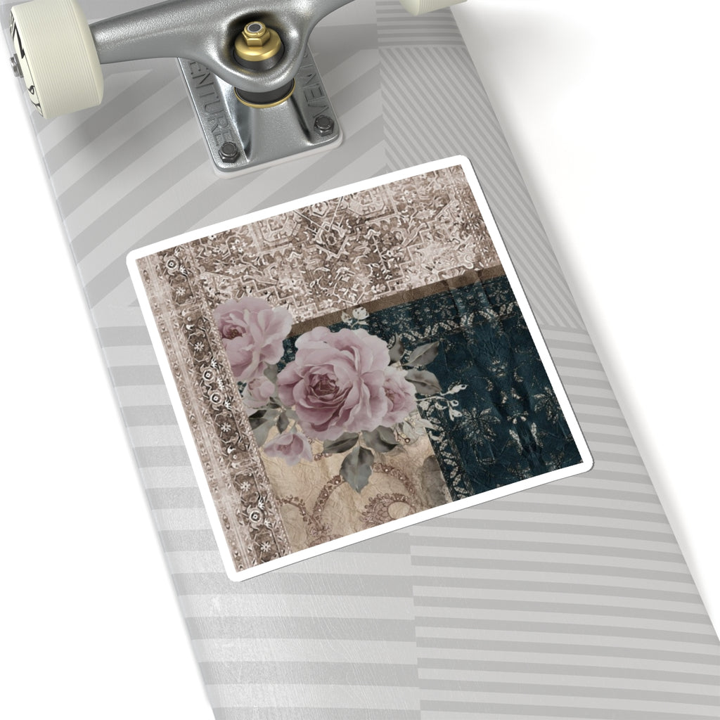Vintage Floral Patchwork Sticker — Kiss-Cut Rose Laptop Decal