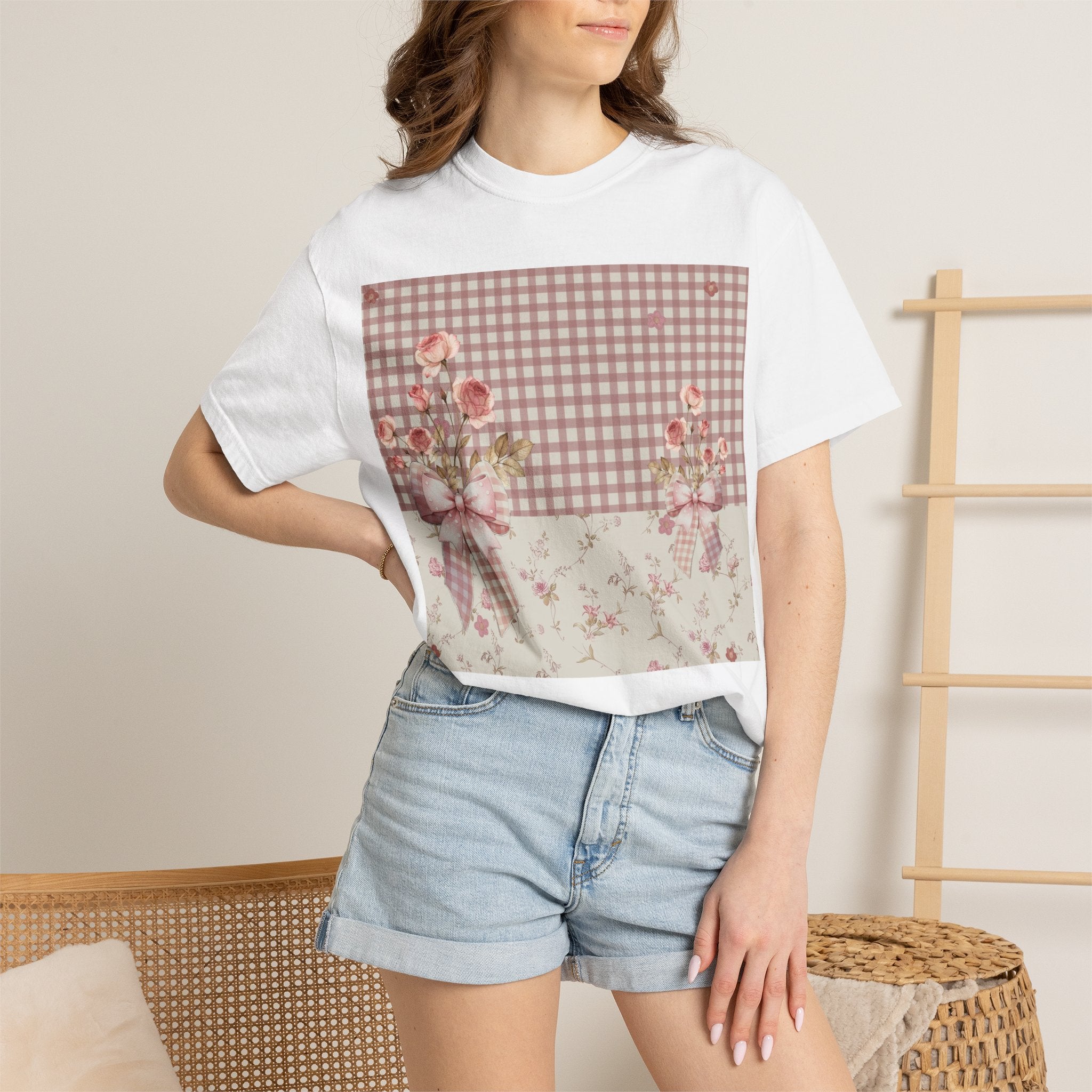 Vintage Pink Gingham Floral T-Shirt