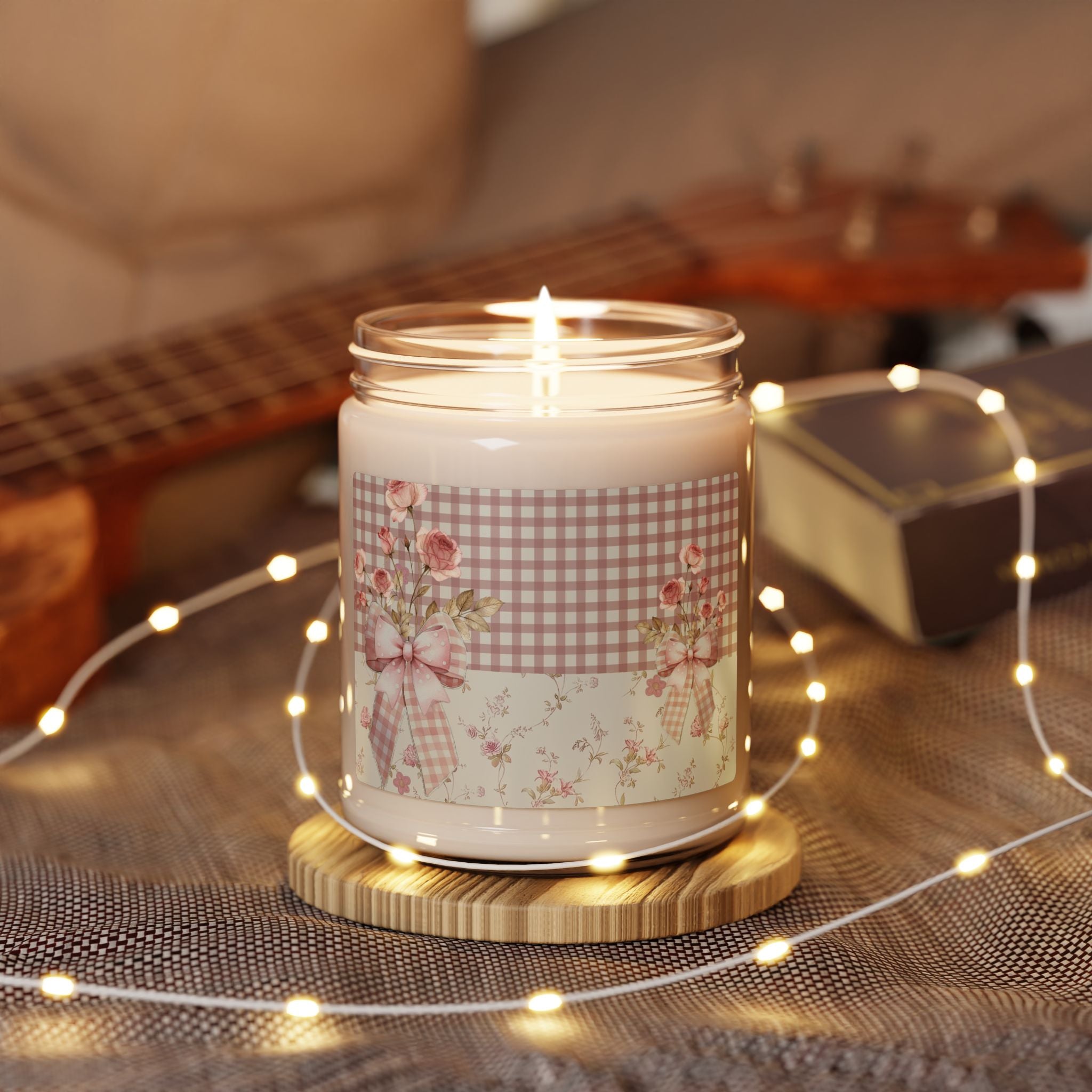 Vintage Rose Check Scented Soy Candle — 9oz Floral Cottagecore Jar