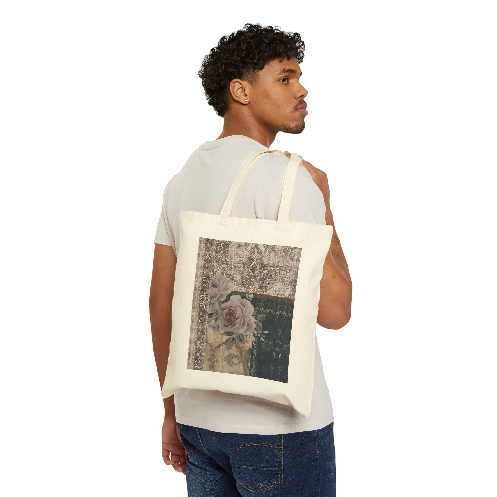 Vintage Floral Tote Bag - Distressed Rose Canvas Market Bag