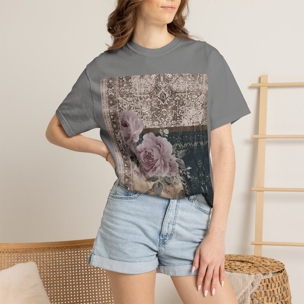 Vintage Rose Patch T‑Shirt — Distressed Floral Graphic Tee