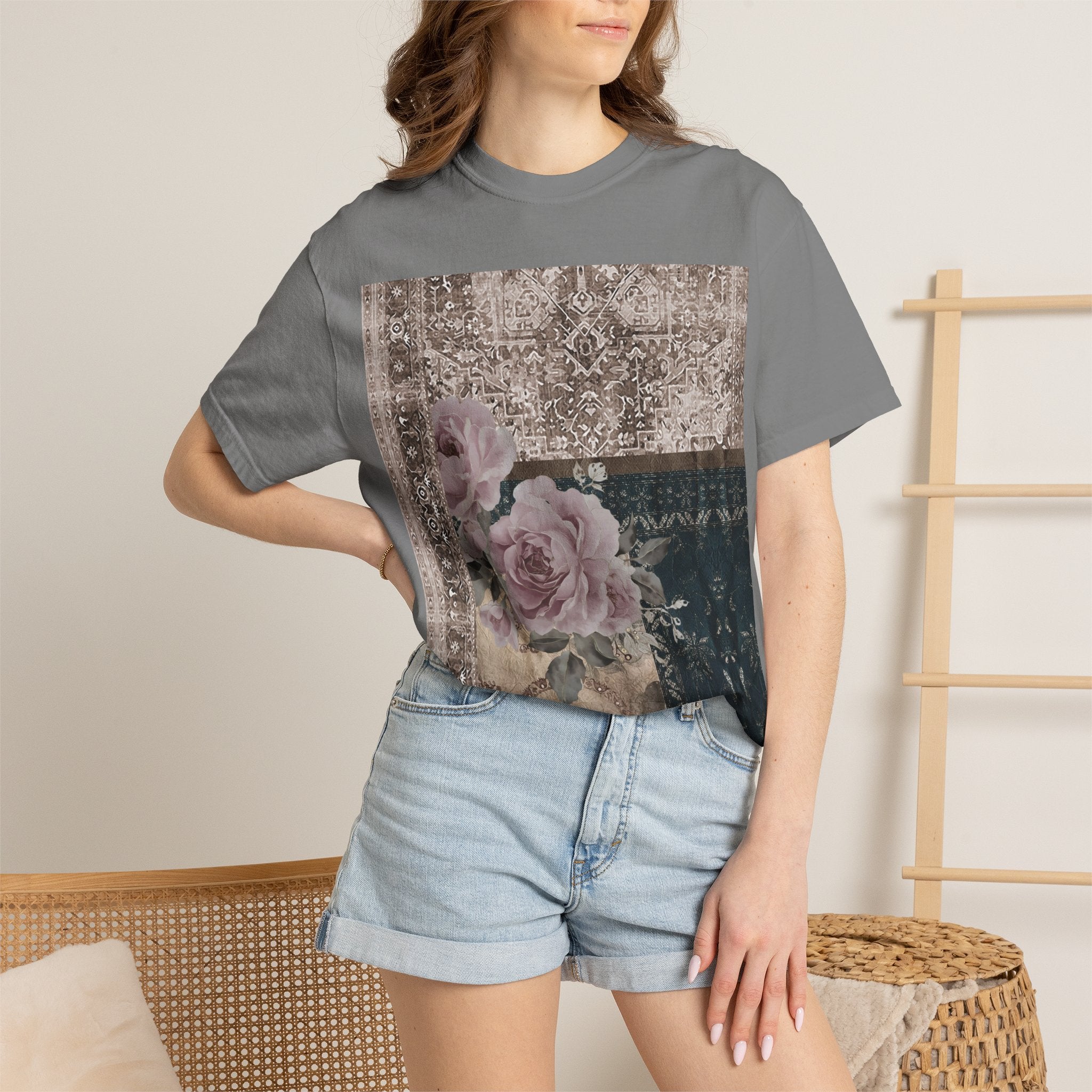 Vintage Rose Patch T‑Shirt — Distressed Floral Graphic Tee