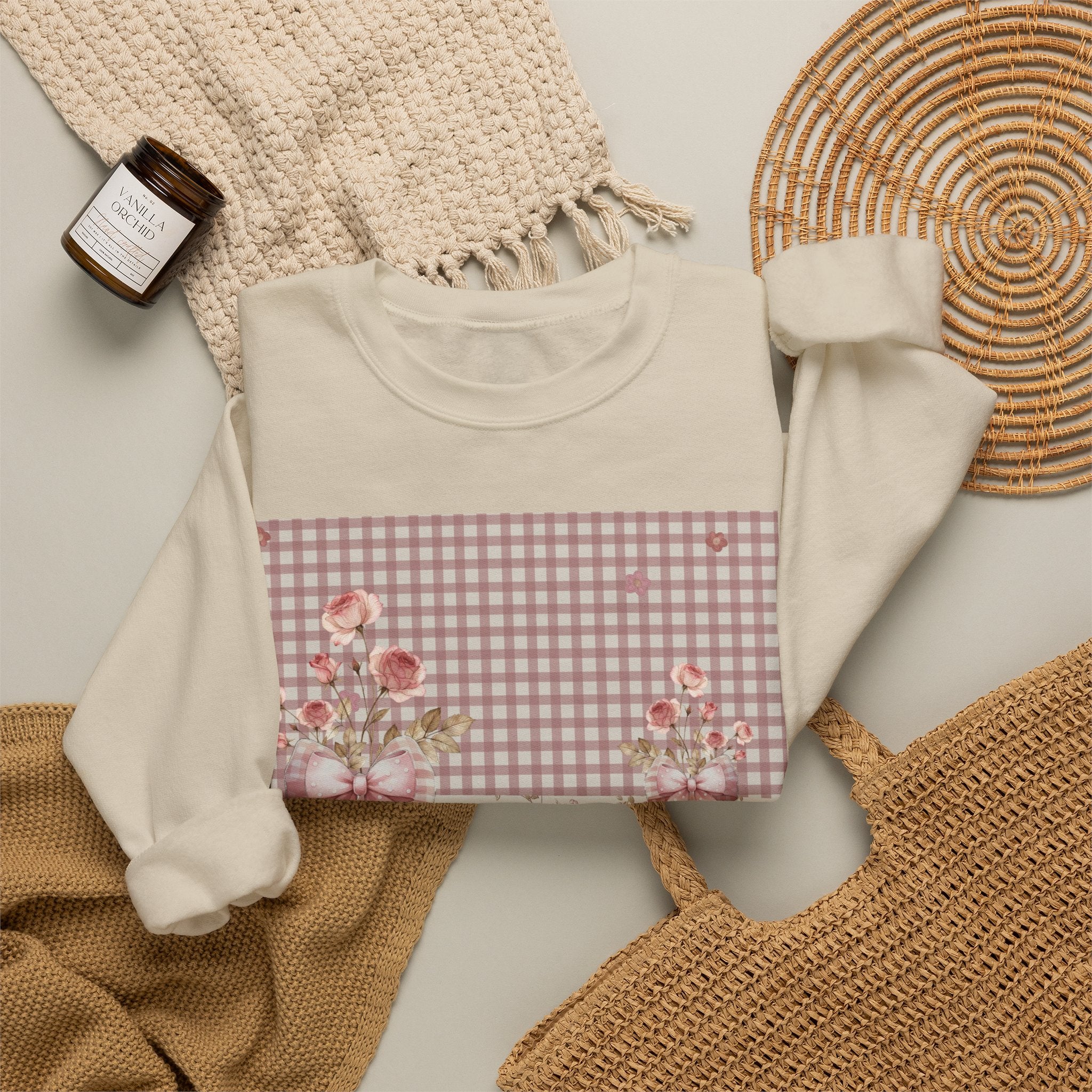 Crewneck Sweatshirt — Vintage Floral Patchwork Gingham Bouquet