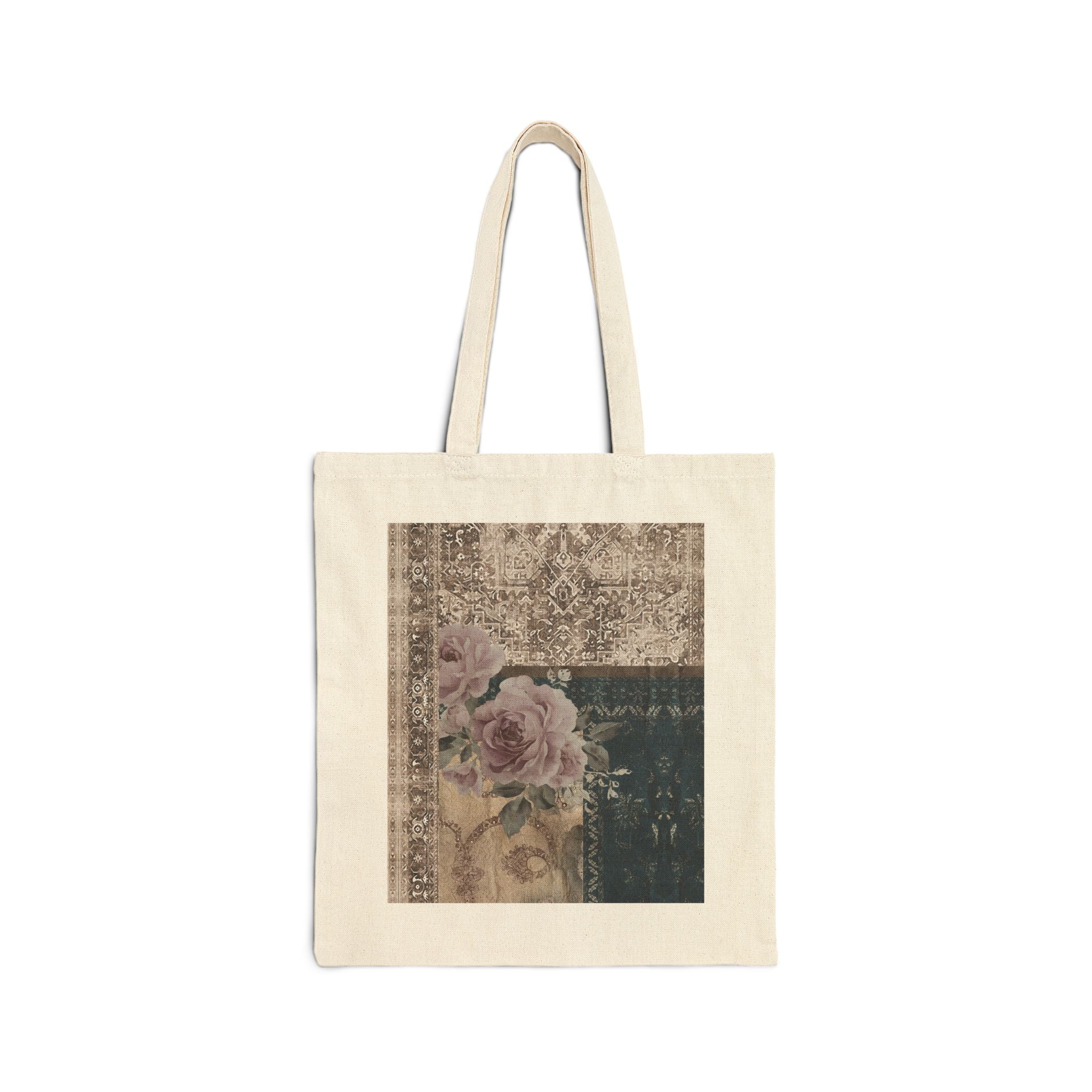Vintage Floral Tote Bag - Distressed Rose Canvas Market Bag