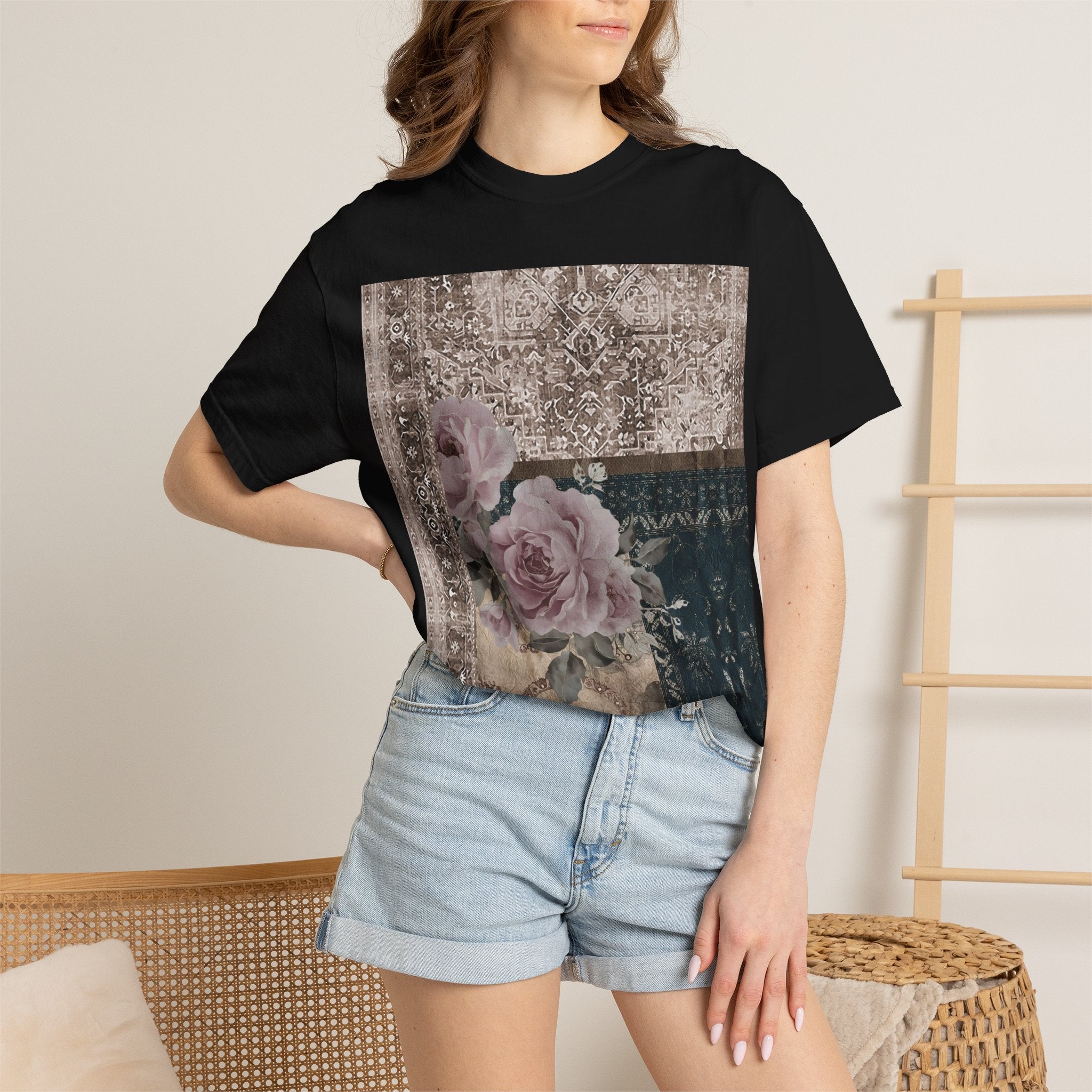 Vintage Rose Patch T‑Shirt — Distressed Floral Graphic Tee