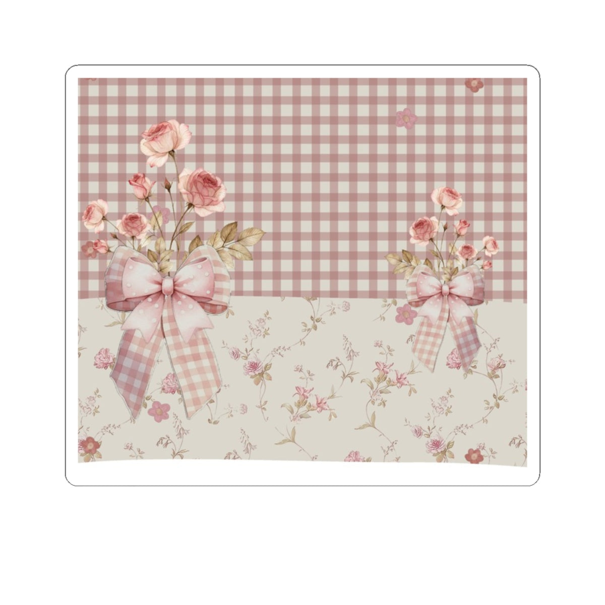 Vintage Floral Gingham Kiss-Cut Sticker — Pink Rose Bow Decorative Decal
