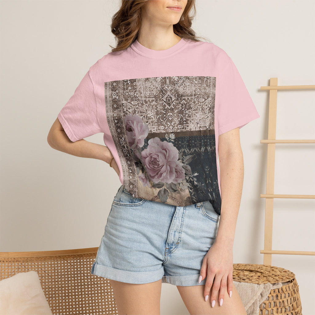 Vintage Rose Patch T‑Shirt — Distressed Floral Graphic Tee