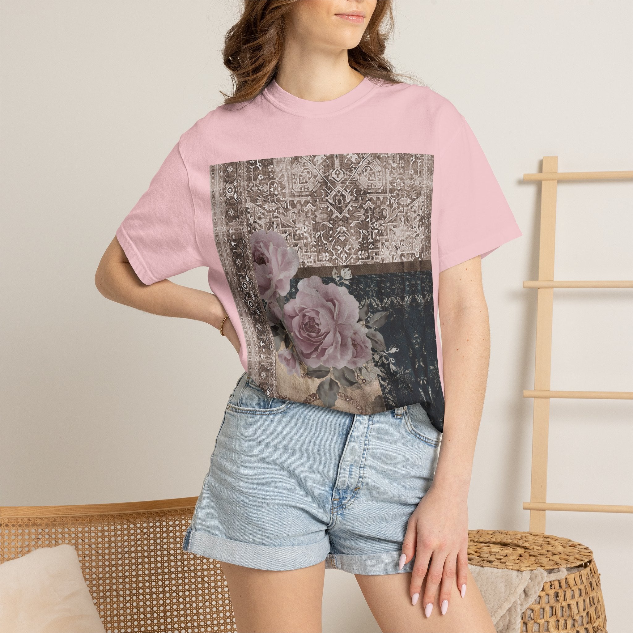 Vintage Rose Patch T‑Shirt — Distressed Floral Graphic Tee