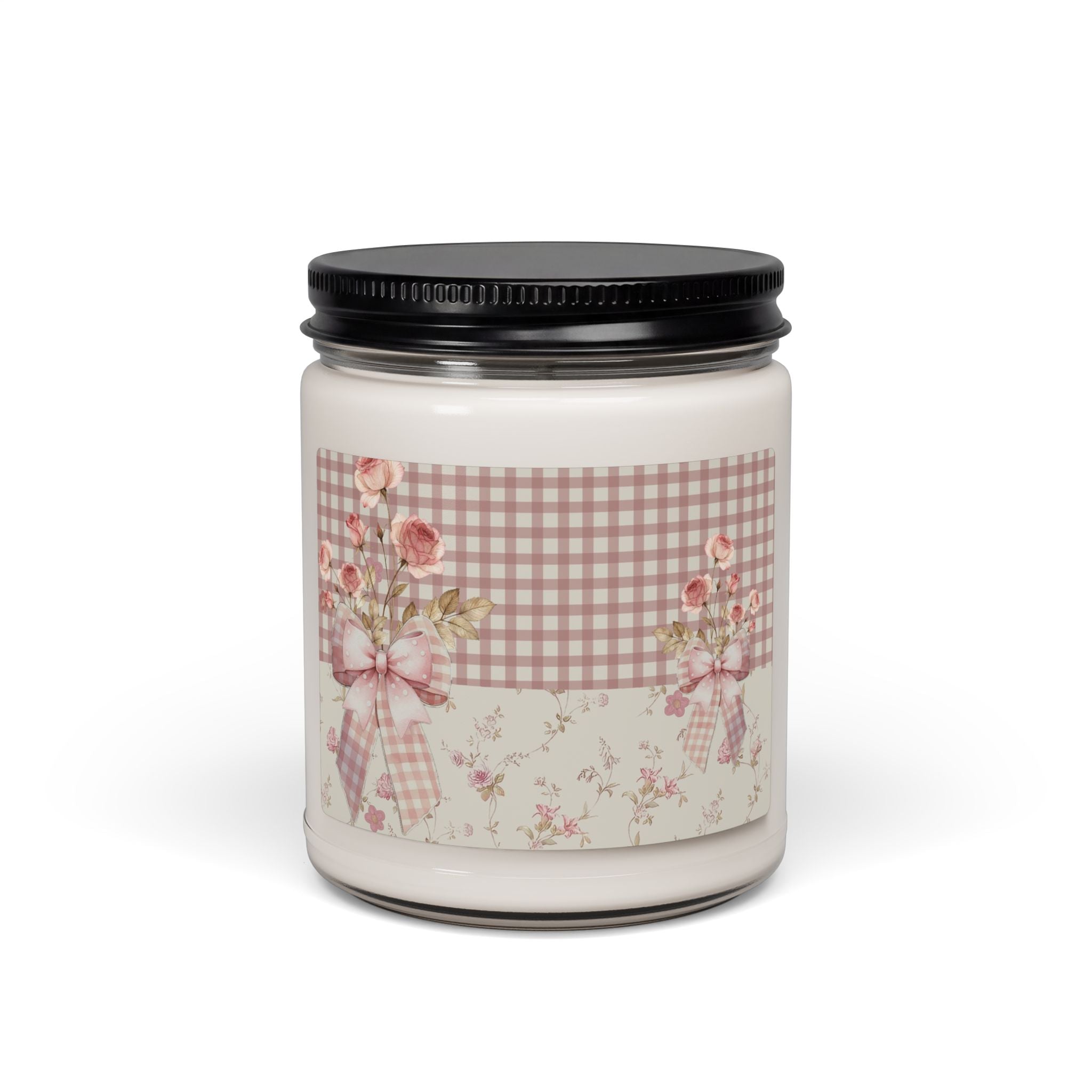 Vintage Rose Check Scented Soy Candle — 9oz Floral Cottagecore Jar