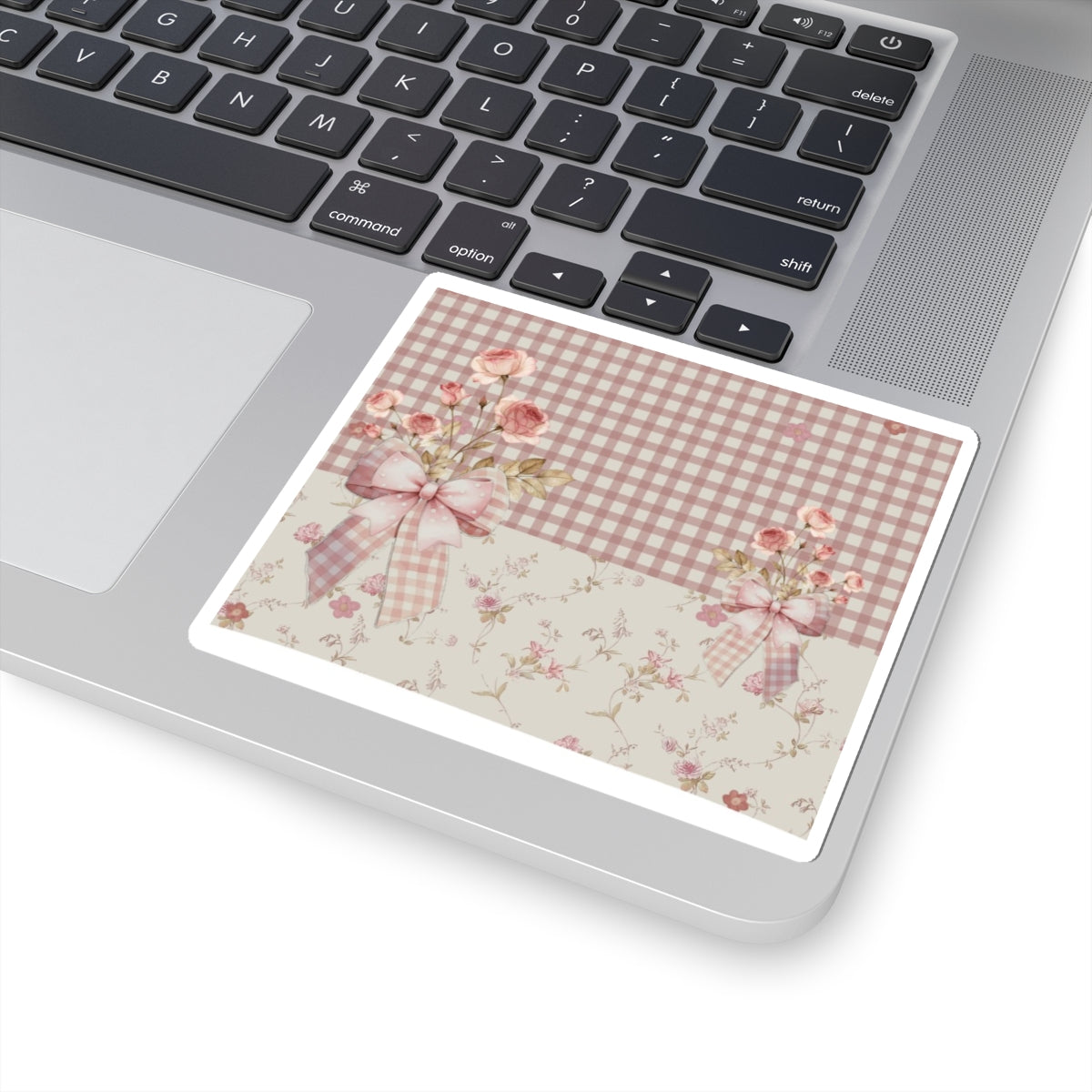 Vintage Floral Gingham Kiss-Cut Sticker — Pink Rose Bow Decorative Decal