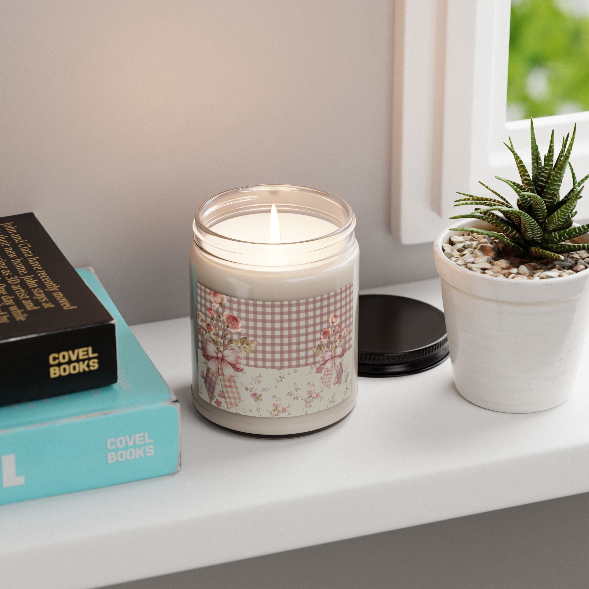 Vintage Rose Check Scented Soy Candle — 9oz Floral Cottagecore Jar