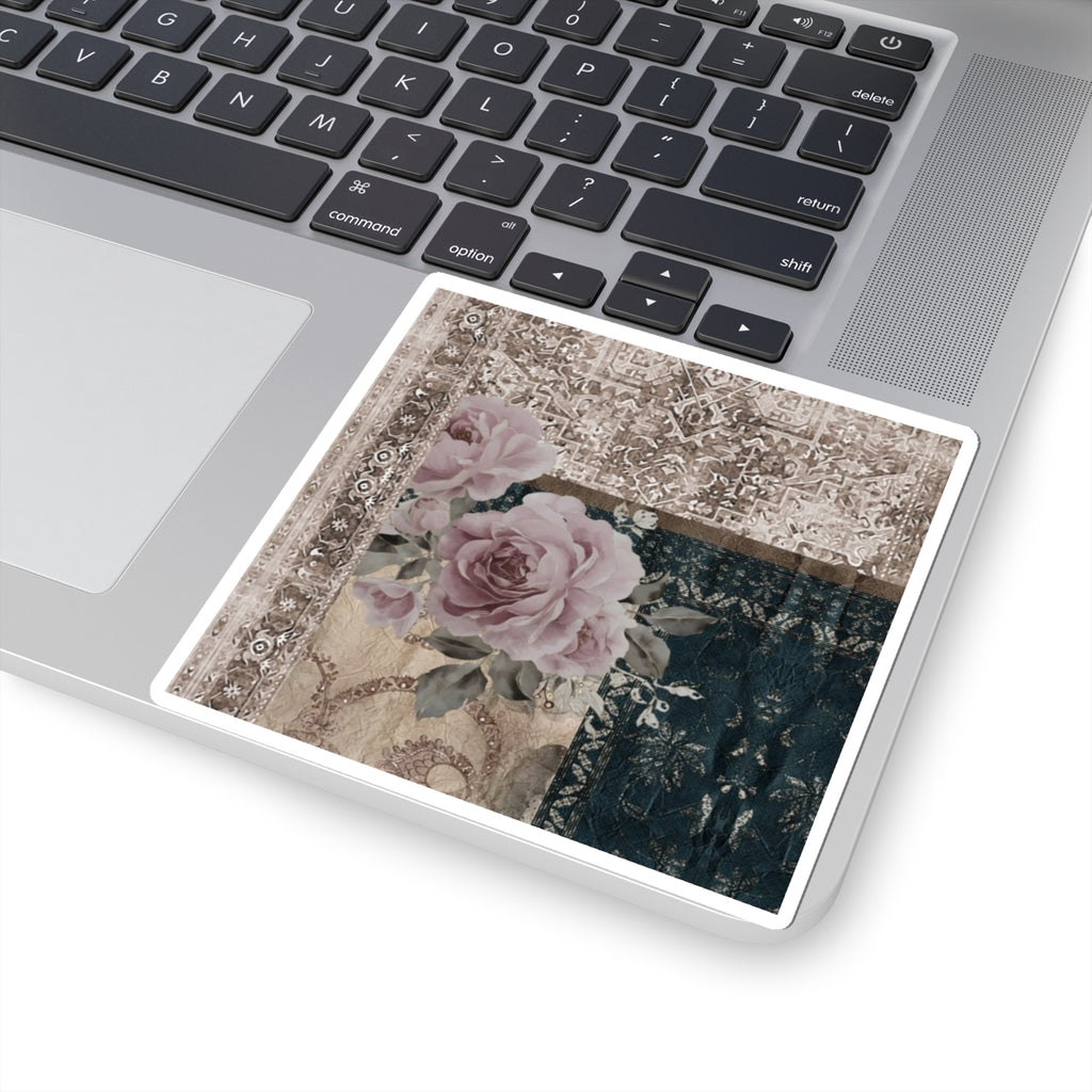 Vintage Floral Patchwork Sticker — Kiss-Cut Rose Laptop Decal