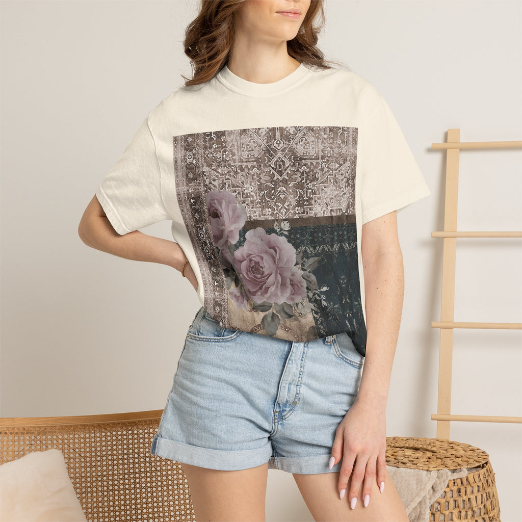 Vintage Rose Patch T‑Shirt — Distressed Floral Graphic Tee