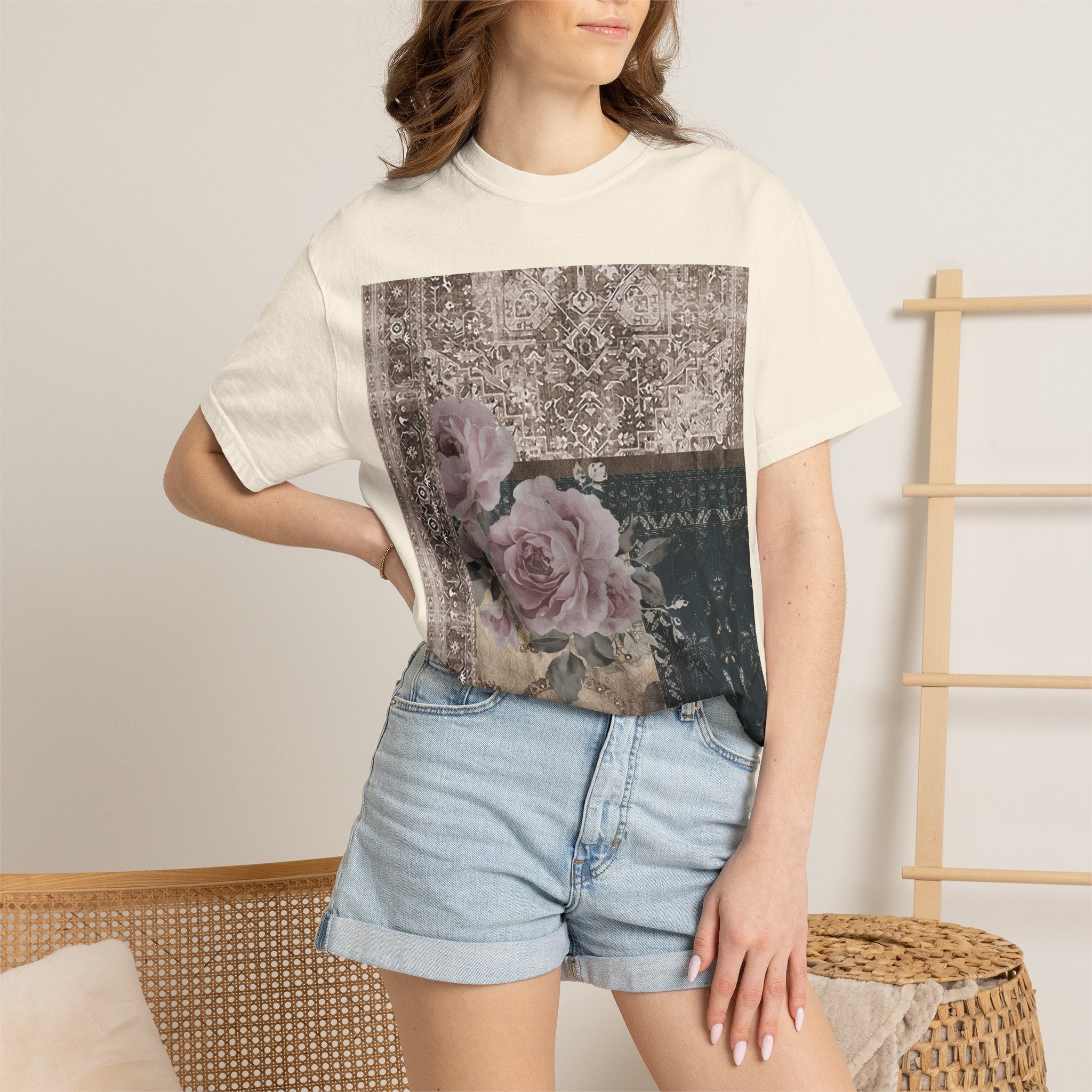Vintage Rose Patch T‑Shirt — Distressed Floral Graphic Tee