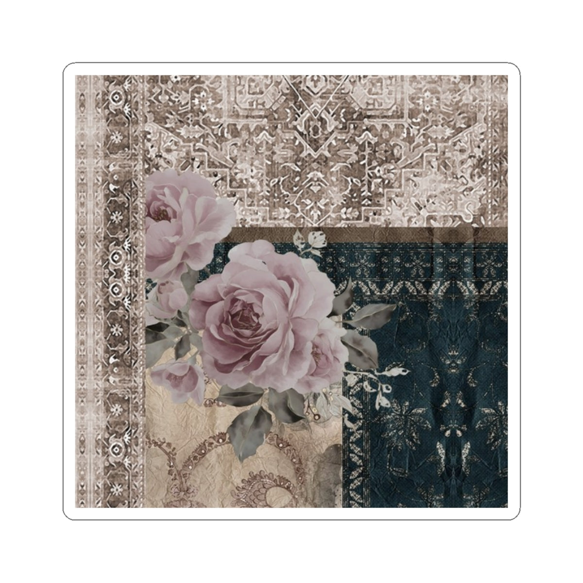 Vintage Floral Patchwork Sticker — Kiss-Cut Rose Laptop Decal