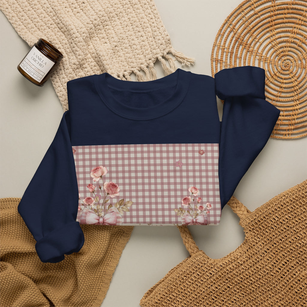 Crewneck Sweatshirt — Vintage Floral Patchwork Gingham Bouquet