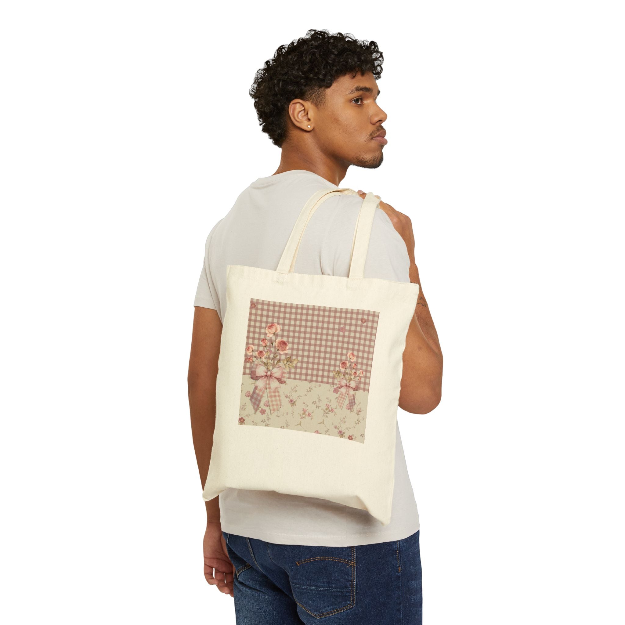Floral Gingham Canvas Tote Bag — Vintage Rose Market Tote