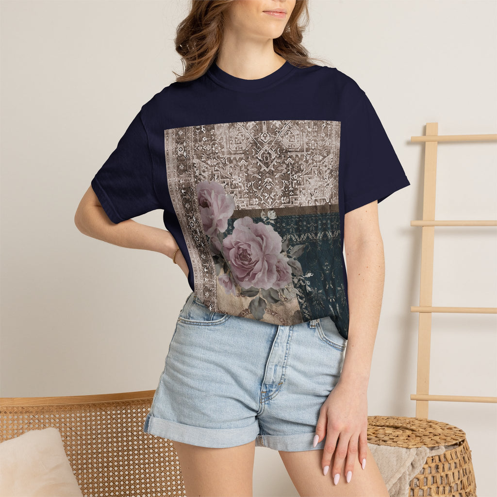 Vintage Rose Patch T‑Shirt — Distressed Floral Graphic Tee
